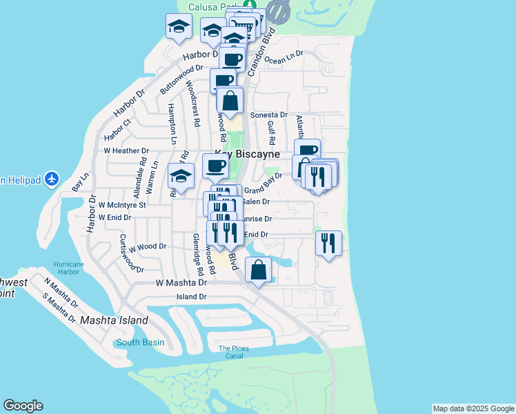 map of restaurants, bars, coffee shops, grocery stores, and more near 201 Sunrise Drive in Miami