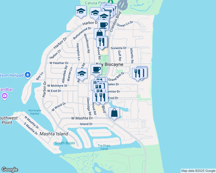 map of restaurants, bars, coffee shops, grocery stores, and more near 575 Crandon Boulevard in Key Biscayne