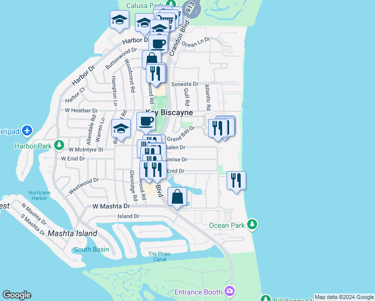 map of restaurants, bars, coffee shops, grocery stores, and more near 240 Galen Drive in Key Biscayne