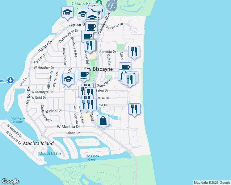 map of restaurants, bars, coffee shops, grocery stores, and more near 285 Sunrise Drive in Key Biscayne