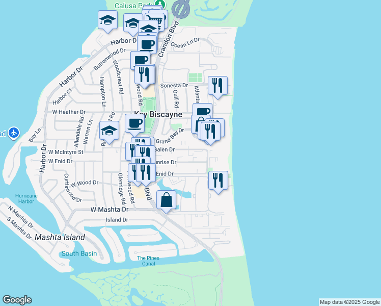 map of restaurants, bars, coffee shops, grocery stores, and more near 285 Sunrise Drive in Key Biscayne