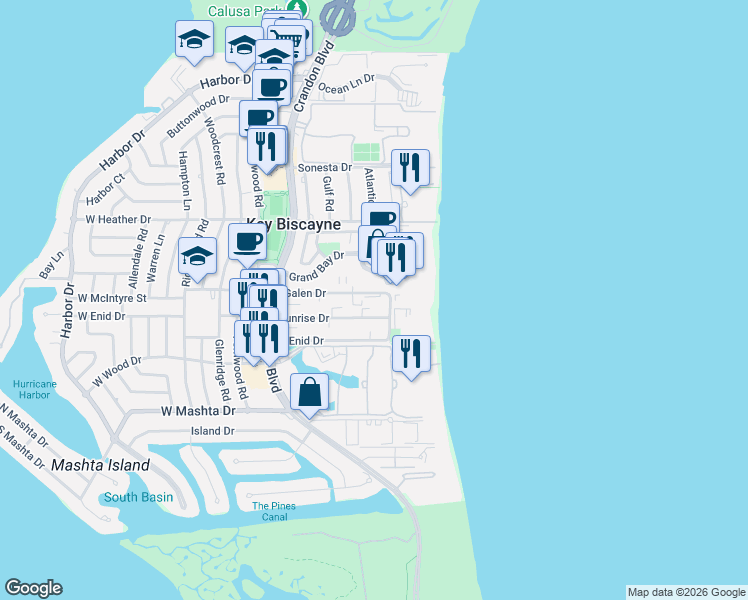 map of restaurants, bars, coffee shops, grocery stores, and more near 550 Ocean Drive in Key Biscayne