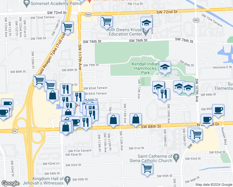 map of restaurants, bars, coffee shops, grocery stores, and more near 11377 Southwest 84th Street in Miami