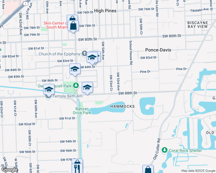 map of restaurants, bars, coffee shops, grocery stores, and more near 8755 Southwest 54th Avenue in Miami