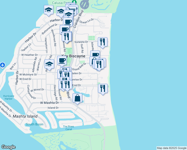 map of restaurants, bars, coffee shops, grocery stores, and more near 285 Sunrise Drive in Key Biscayne