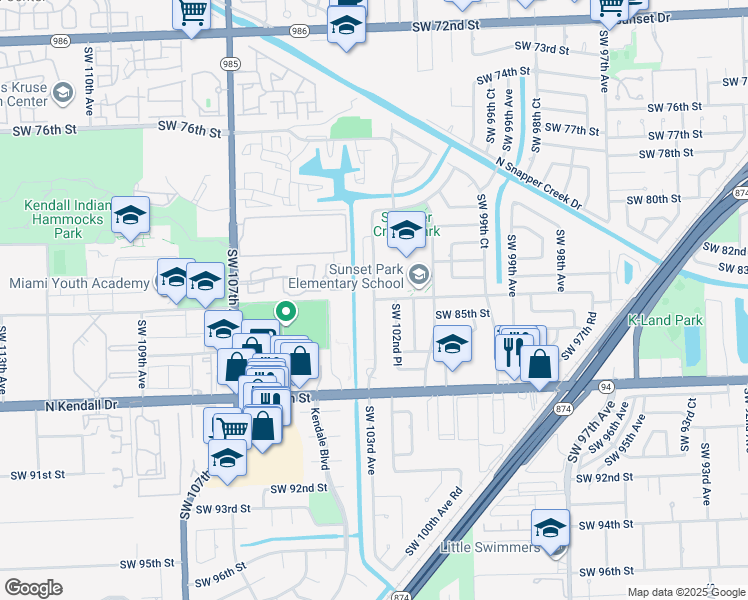map of restaurants, bars, coffee shops, grocery stores, and more near 10300 Southwest 84th Street in Miami