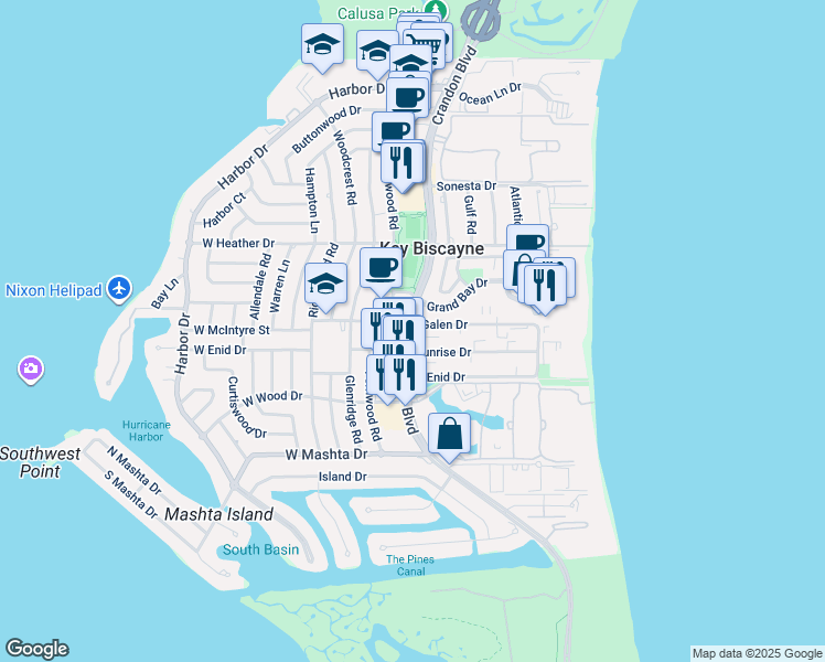 map of restaurants, bars, coffee shops, grocery stores, and more near 115 Sunrise Drive in Key Biscayne
