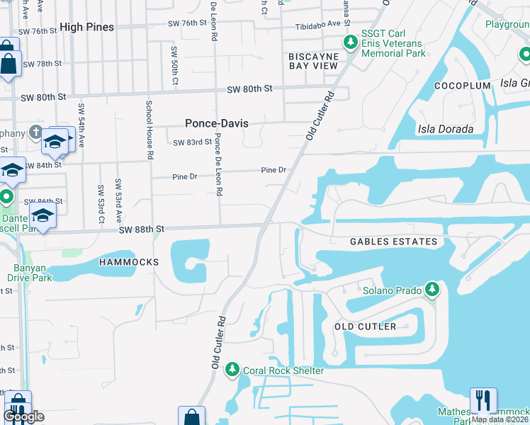 map of restaurants, bars, coffee shops, grocery stores, and more near 8550 Arvida Parkway in Coral Gables