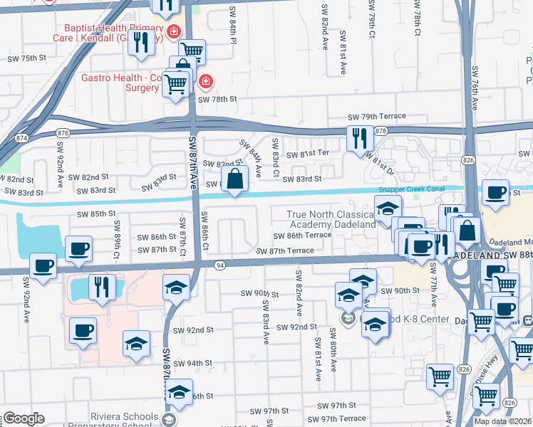 map of restaurants, bars, coffee shops, grocery stores, and more near 8560 Southwest 83rd Court in Miami