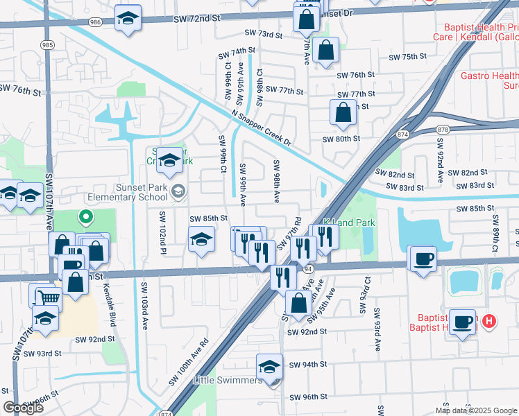 map of restaurants, bars, coffee shops, grocery stores, and more near 8410 Southwest 98th Court in Miami