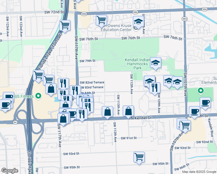 map of restaurants, bars, coffee shops, grocery stores, and more near 11377 Southwest 84th Street in Miami