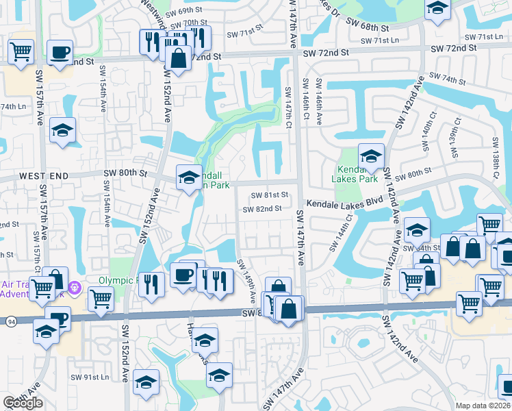 map of restaurants, bars, coffee shops, grocery stores, and more near 14855 Kendale Lakes Boulevard in Miami