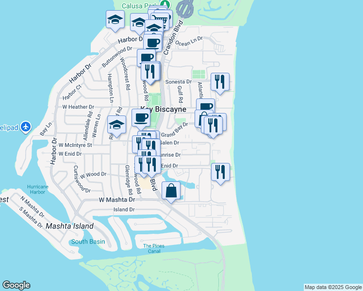 map of restaurants, bars, coffee shops, grocery stores, and more near 201 Sunrise Drive in Miami