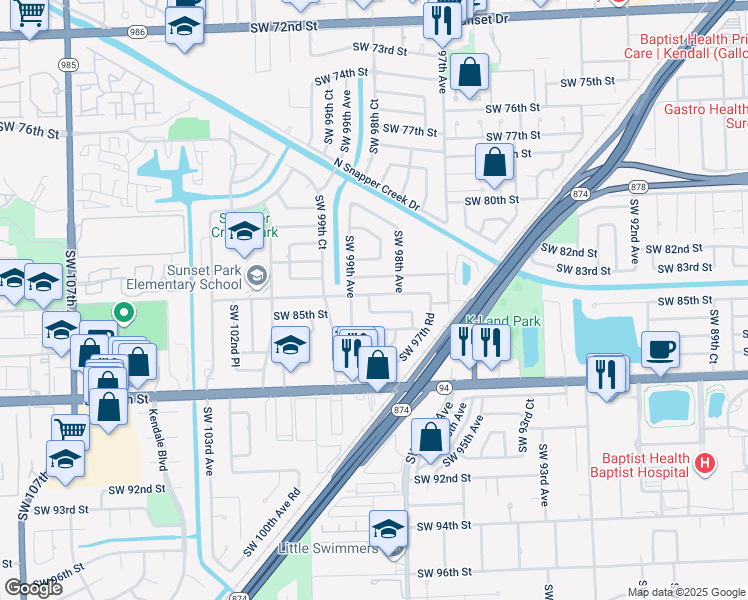 map of restaurants, bars, coffee shops, grocery stores, and more near 8410 Southwest 98th Court in Miami