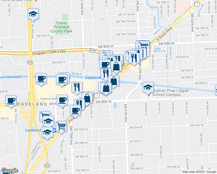 map of restaurants, bars, coffee shops, grocery stores, and more near 8545 South Dixie Highway in Miami