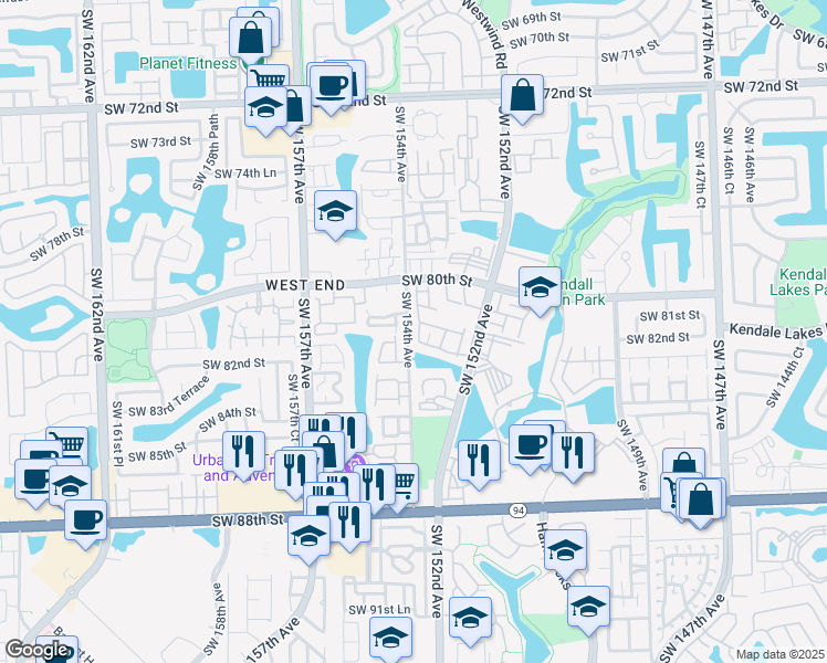map of restaurants, bars, coffee shops, grocery stores, and more near 15320 Southwest 81st Lane in Miami