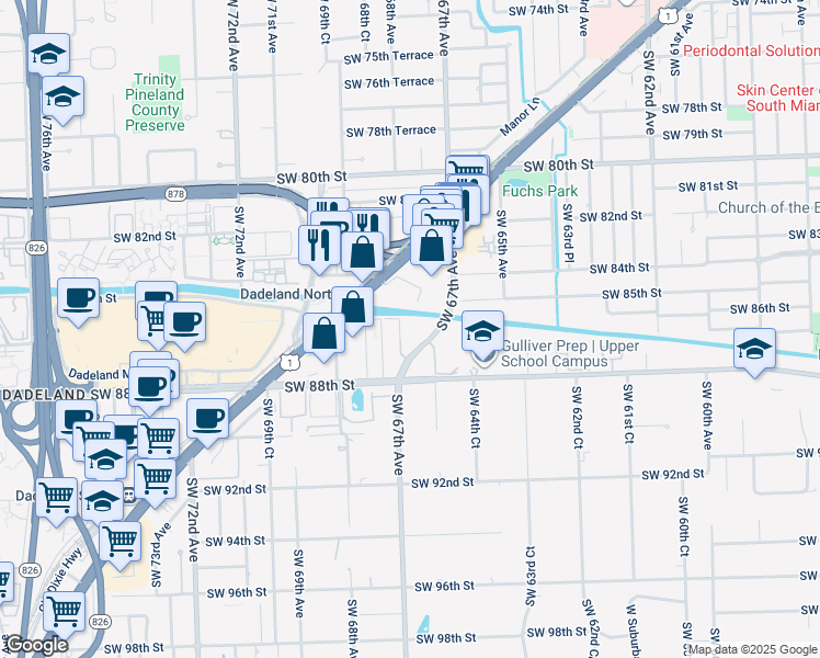 map of restaurants, bars, coffee shops, grocery stores, and more near 6707 North Kendall Drive in Miami