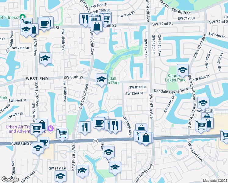 map of restaurants, bars, coffee shops, grocery stores, and more near 8249 Southwest 149th Court in Miami