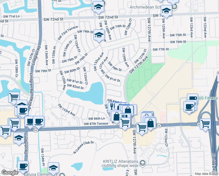 map of restaurants, bars, coffee shops, grocery stores, and more near 13110 Southwest 82nd Terrace in Miami