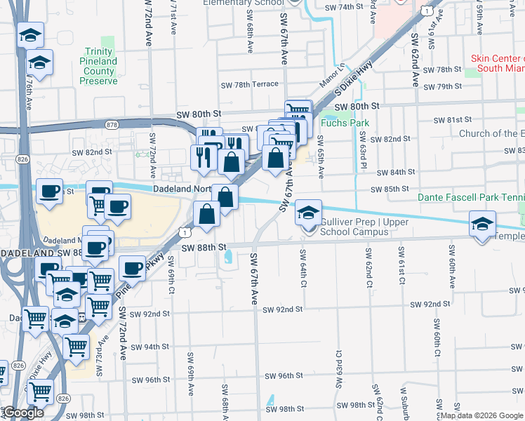 map of restaurants, bars, coffee shops, grocery stores, and more near 6707 North Kendall Drive in Miami