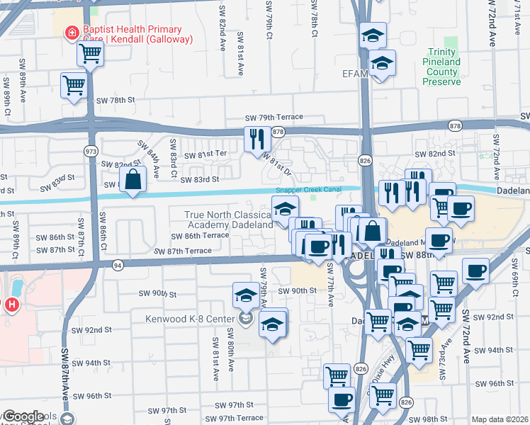 map of restaurants, bars, coffee shops, grocery stores, and more near 7965 Southwest 86th Street in Miami