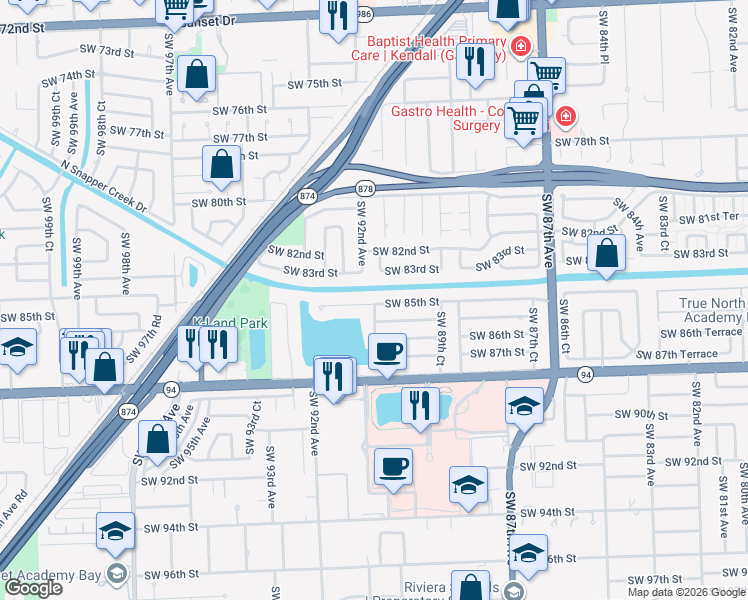 map of restaurants, bars, coffee shops, grocery stores, and more near 9180 Southwest 85th Street in Miami