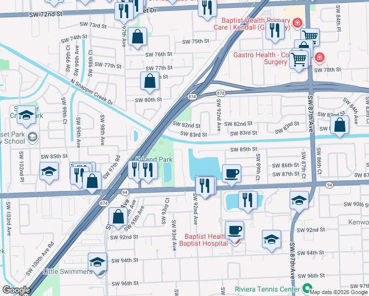 map of restaurants, bars, coffee shops, grocery stores, and more near 8501 Southwest 93rd Court in Miami