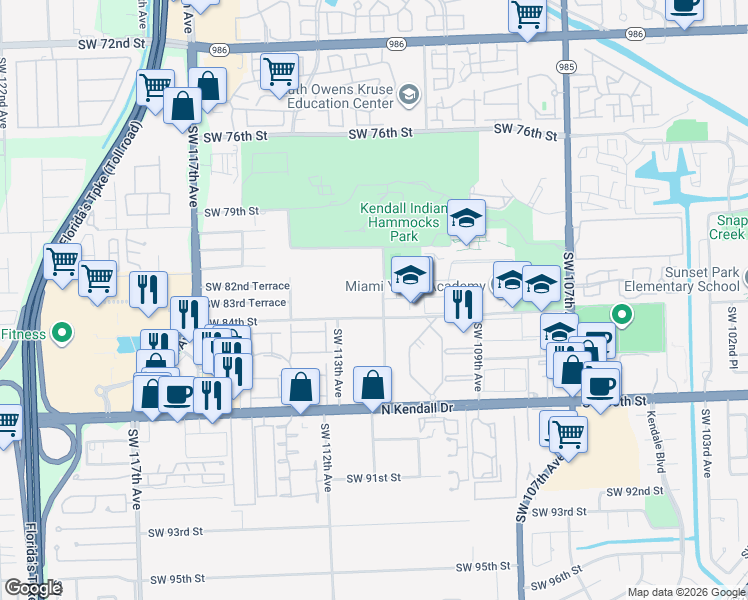 map of restaurants, bars, coffee shops, grocery stores, and more near 11215 Southwest 84th Street in Miami