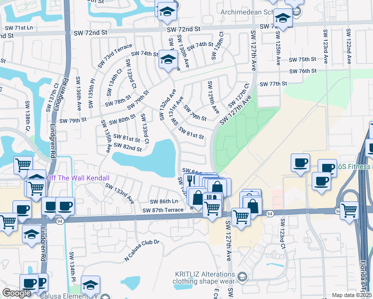 map of restaurants, bars, coffee shops, grocery stores, and more near 13110 Southwest 82nd Terrace in Miami