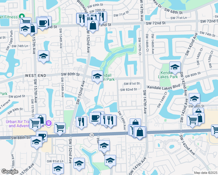 map of restaurants, bars, coffee shops, grocery stores, and more near 8249 Southwest 149th Court in Miami