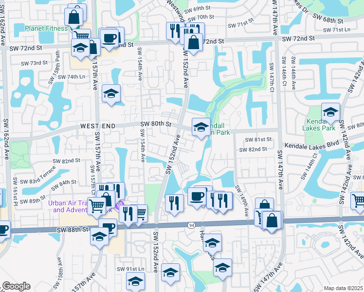 map of restaurants, bars, coffee shops, grocery stores, and more near 8205 Southwest 150th Avenue in Miami