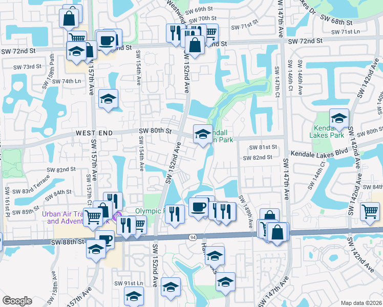 map of restaurants, bars, coffee shops, grocery stores, and more near 15130 Southwest 80th Street in Miami