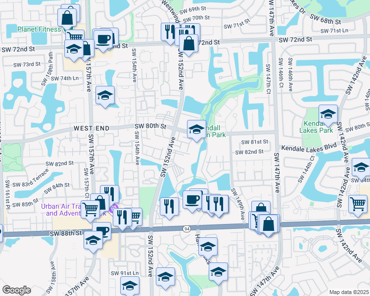 map of restaurants, bars, coffee shops, grocery stores, and more near 15130 Southwest 80th Street in Miami