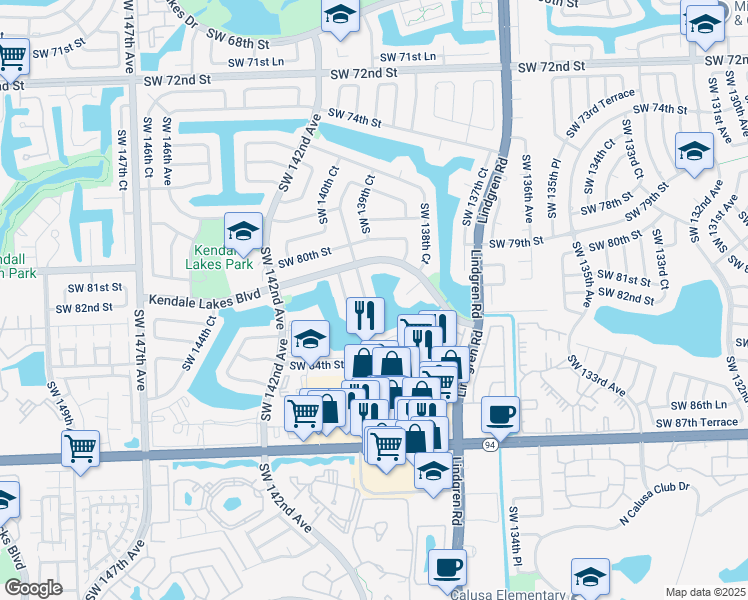 map of restaurants, bars, coffee shops, grocery stores, and more near 8255 Southwest 140th Avenue in Miami