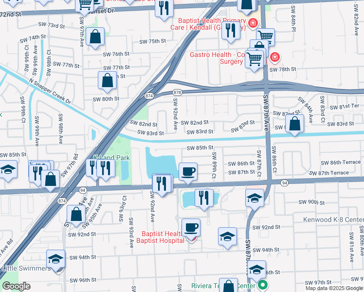 map of restaurants, bars, coffee shops, grocery stores, and more near 9180 Southwest 85th Street in Miami