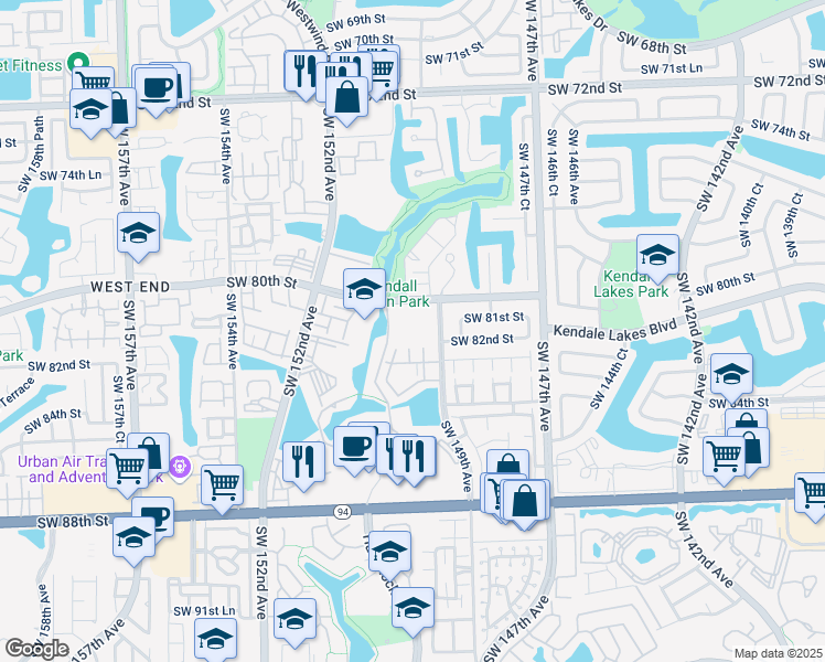 map of restaurants, bars, coffee shops, grocery stores, and more near 8249 Southwest 149th Court in Miami