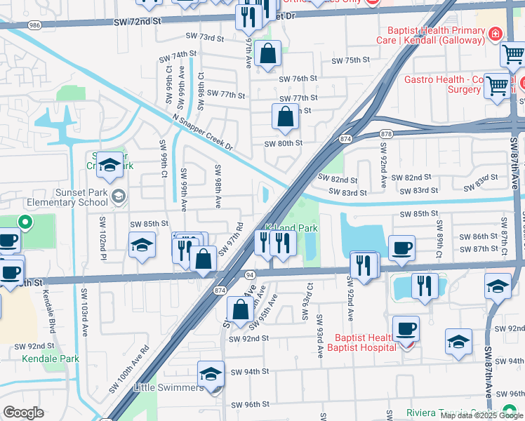 map of restaurants, bars, coffee shops, grocery stores, and more near 9631 Southwest 85th Street in Miami