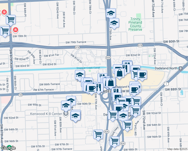 map of restaurants, bars, coffee shops, grocery stores, and more near 7745 Southwest 86th Street in Miami