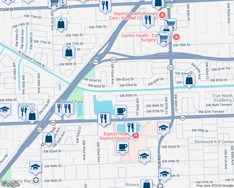 map of restaurants, bars, coffee shops, grocery stores, and more near 9180 Southwest 85th Street in Miami