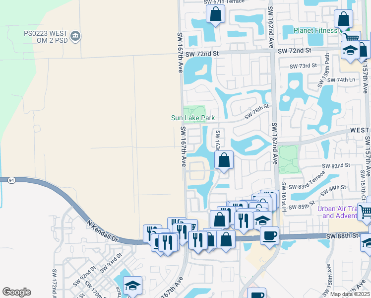 map of restaurants, bars, coffee shops, grocery stores, and more near 16691 Southwest 80th Street in Miami
