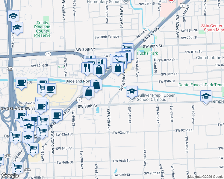 map of restaurants, bars, coffee shops, grocery stores, and more near 6707 North Kendall Drive in Miami