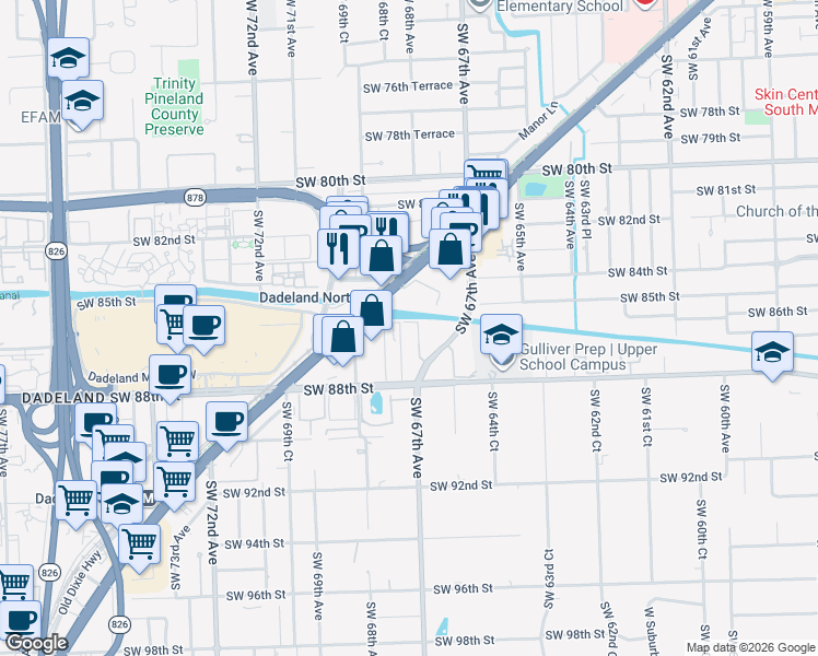map of restaurants, bars, coffee shops, grocery stores, and more near 6757 North Kendall Drive in Miami