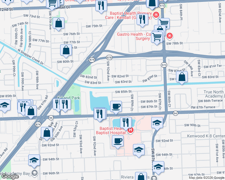 map of restaurants, bars, coffee shops, grocery stores, and more near 9180 Southwest 85th Street in Miami