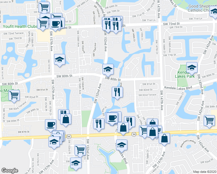 map of restaurants, bars, coffee shops, grocery stores, and more near 15130 Southwest 80th Street in Miami