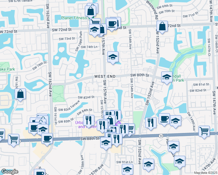 map of restaurants, bars, coffee shops, grocery stores, and more near 213 Southwest 82nd Circle Lane in Miami