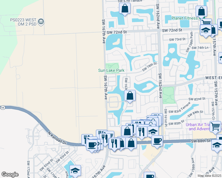 map of restaurants, bars, coffee shops, grocery stores, and more near 16637 Southwest 81st Terrace in Miami
