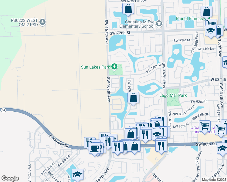 map of restaurants, bars, coffee shops, grocery stores, and more near 16637 Southwest 81st Terrace in Miami