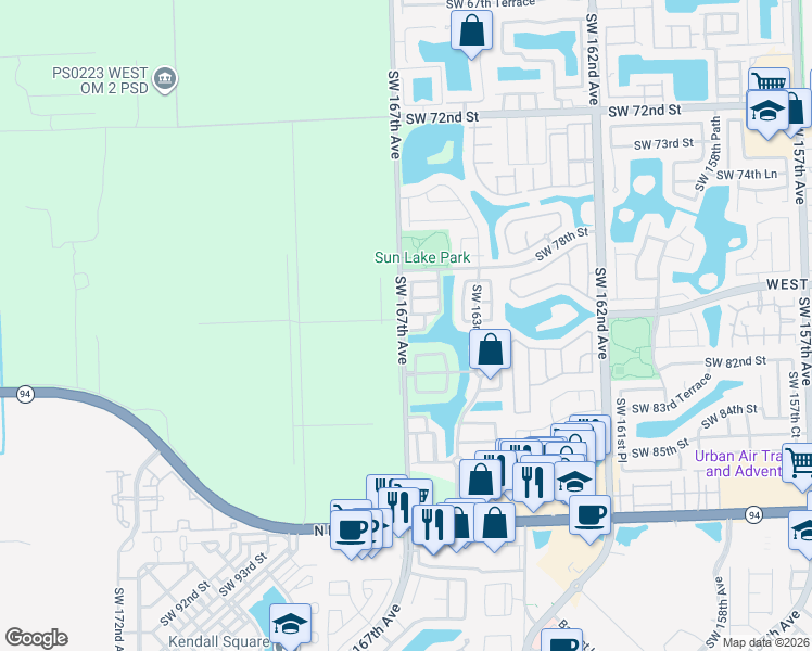map of restaurants, bars, coffee shops, grocery stores, and more near 16637 Southwest 81st Terrace in Miami