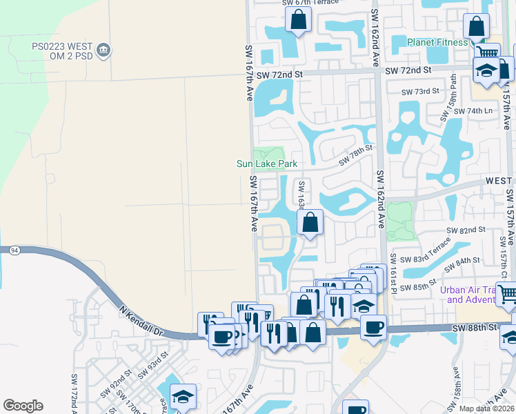 map of restaurants, bars, coffee shops, grocery stores, and more near 16637 Southwest 81st Terrace in Miami