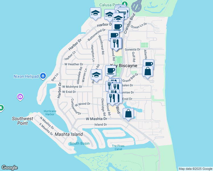 map of restaurants, bars, coffee shops, grocery stores, and more near 595 Glenridge Road in Key Biscayne